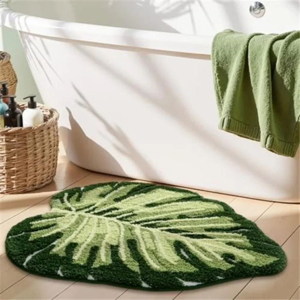 Monstera Leaf Bathroom Rug Plush Absorbent Non Slip Bath Mat 24x32 Green